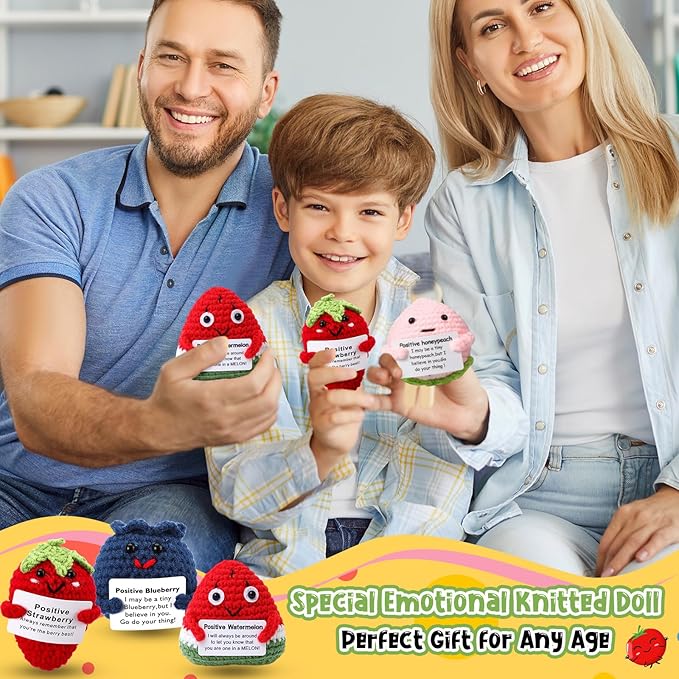 HunnmingRe 12 Pcs Cute Crochet Doll with Positive Card Soft Wool Animals Creative Knitting Dolls for Positive Support Inspirational Birthday Encouragement Gift(Fruit Style)