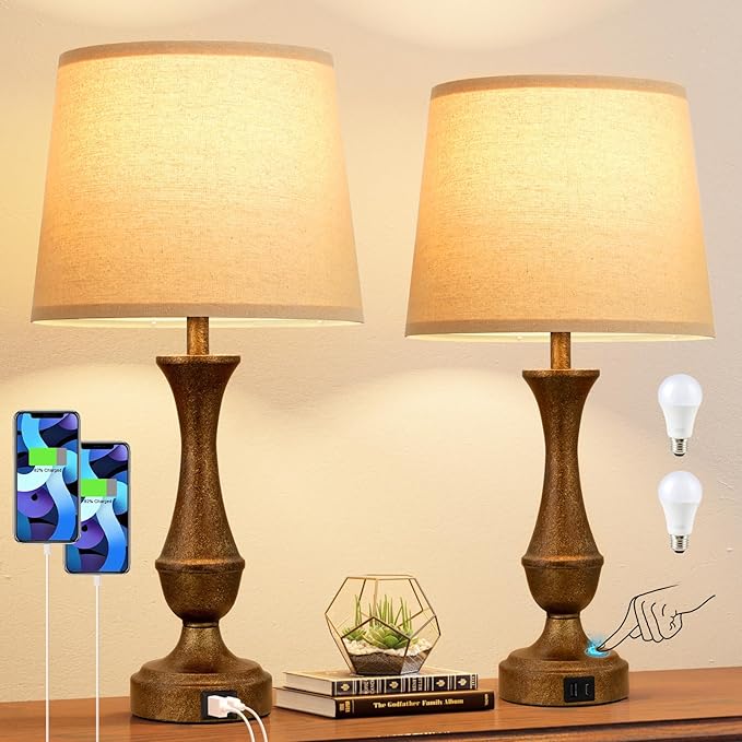 Seealle Upgraded Touch Lamps for Night Stands Set of 2 - Bedside Lamps with USB C+A, 3 Way Dimmable for Bedroom Living Room End Tables Office (Brown&Oat)