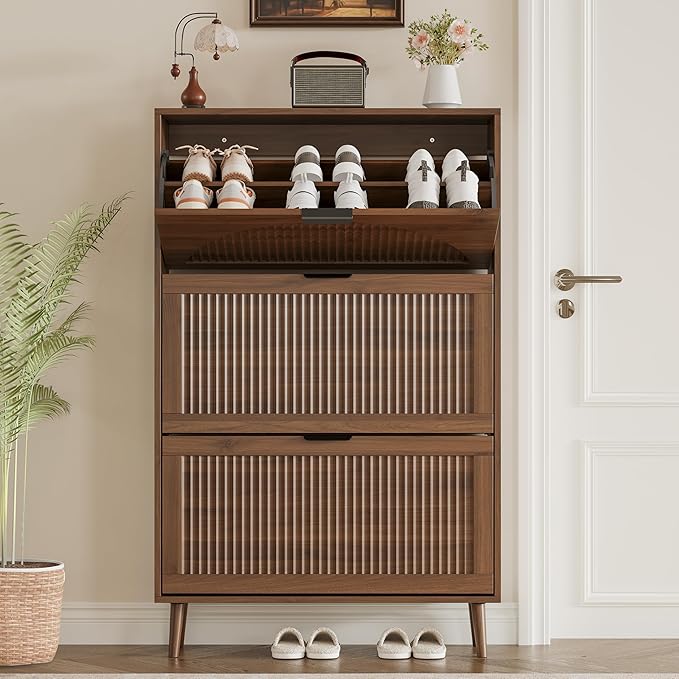 Shoe Cabinet for Entryway with 3 Flip Drawers, Slim Wooden Shoe Storage Organizer with Modern Fluted Pannel，Freestanding Narrow Hidden Shoe Rack for Hallway, Foyer, Living Room