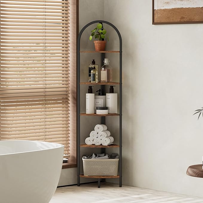 Homhedy 5-Tier Arched Corner Shelf Stand, Wall Corner Bookshelf with Metal Frame, Plant Stand, Industrial Storage Rack Shelf for Living Room, Bedroom, Office, Bathroom, Rustic Brown and Black