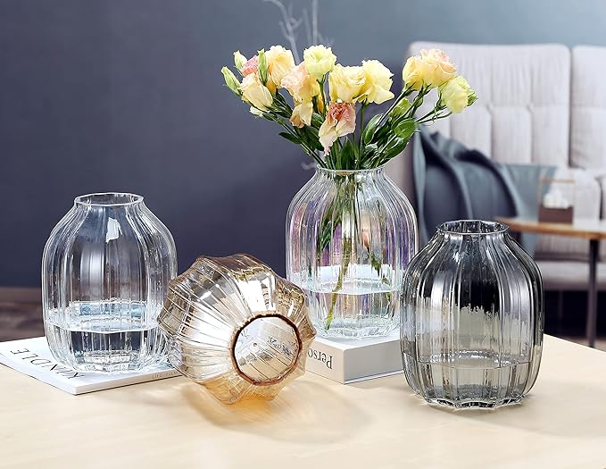 Large Clear Glass Ribbed Vase - 8.0" Decorative Tall Vase for Home Table Centerpieces and Farmhouse