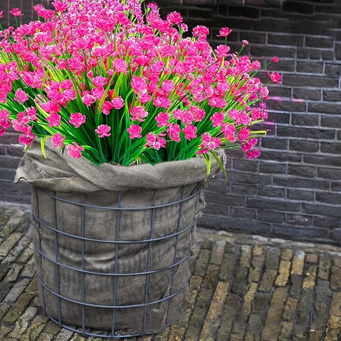 TURNMEON 20 Bundles Artificial Flowers for Outdoors Fake Plants Spring Decor, UV Resistant Artificial Plants Cemetery Flowers Faux Plastic Greenery Shrub for Porch Yard Summer Decor 500 Heads(Pink)