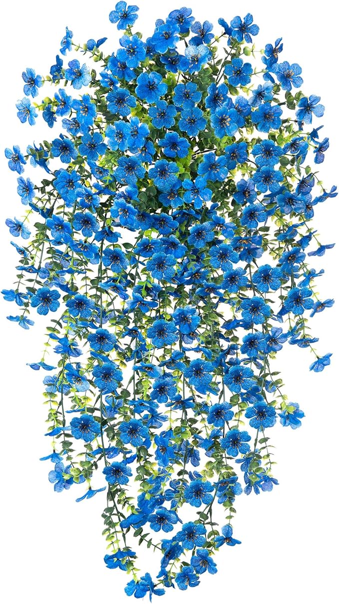 Artificial Hanging Flowers for Outdoors Faux Plants Spring Summer Decoration, 2 Pack Silk Colorful Daisy Realistic Fake Outdoor Flowers UV Resistant Porch Patio Window Yard Decor(Blue)