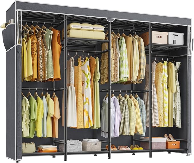 Raybee Clothes Rack with Cover, Heavy Duty Clothing Rack for Hanging Clothes, Adjustable Metal Portable Closet for Bedroom 77.9" W x 15.7" D x 76.8" H Black