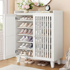 IRONCK Shoe Cabinet with Slatted Doors, 6-Tier Shoe Storage Cabinet with Adjustable Shelves, Wooden Shoe Rack Organizer for Entryway, Hallway, Closet, Living Room, White