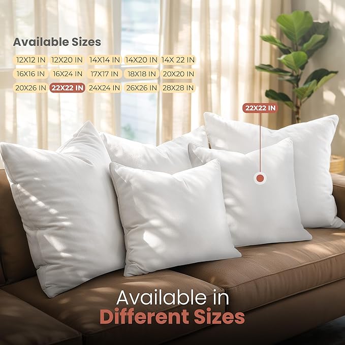 Utopia Bedding 22x22 Pillow Inserts, Set of 2, White – Indoor Decorative Throw Pillows for Bed, Sofa & Couch – Soft, Supportive & Fluffy Cushion Inserts