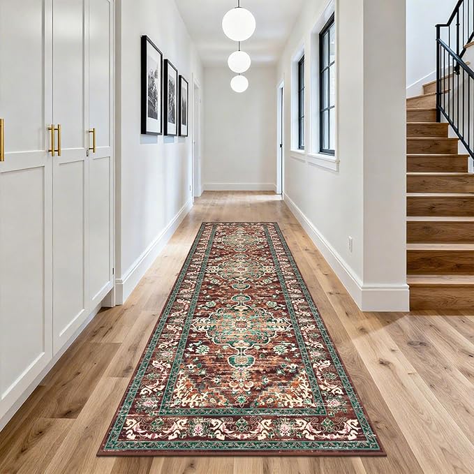 U'Artlines 3' x 10' Boho Hallway Runner Rug, Rust Non Slip Washable Vintage Farmhouse Accent Rug Carpet for Kitchen Entryway Laundry and Living Room (Rust＆Teal)