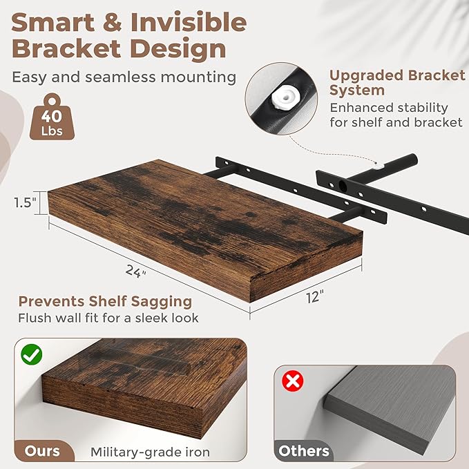 24 Inch Floating Shelves for Wall 2 Pack, 12"D Wood Grain Bathroom Shelves with Invisible Brackets, Easy Install Engineered Wood Storage Shelves for Kitchen, Living Room, Bedroom, Rustic Brown Finish