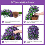 Artificial Flowers with Hanging Basket, Outdoor Faux Plants Silk Morning Glory Vines, Fake Green Arrangement for Garden Patio Spring Summer Decor(Purple)