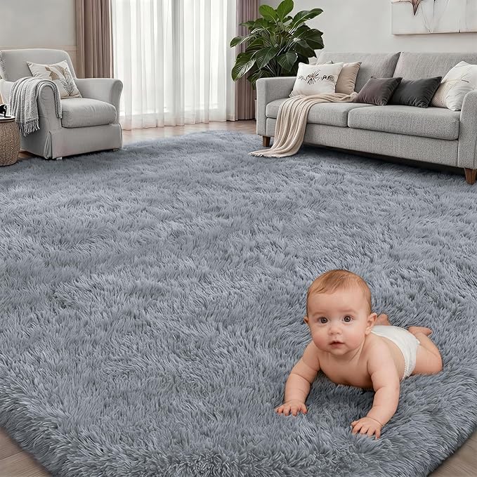 Fluffy Area Rugs 9x12 Living Room Bedroom: Ultra Soft Shag Rug Upgrade Non-Slip Non-Shedding Large Fuzzy Plush Carpet Indoor Floor Carpets for Kids Room Playroom Nursery Dorms Home Decor Light Gray