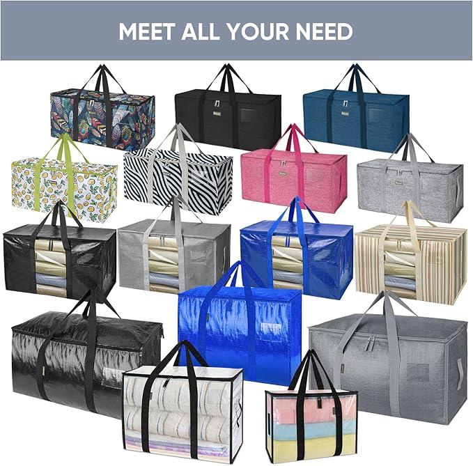 TICONN 4 Pack Extra Large Moving Bags Heavy Duty with Zippers & Carrying Handles, Durable Storage Bags Moving Boxes for Closet Organizers and Storage (4 Pack, Blue)