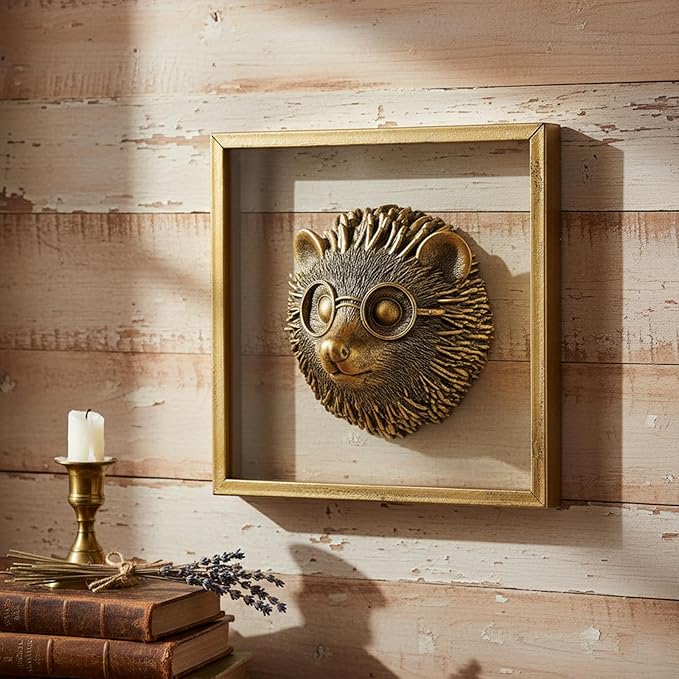 JJALIGHTS Exquisite Resin Animal Head Wall Sculpture (Gift Metal Frame) - Hedgie Imitation Copper Vintage Decor for Living Room, Bedroom & Office | Decorative Wall Hanging Art (Hedgehog)