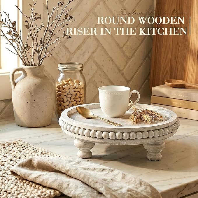 EOSAHR Pine Round Wood Riser for Room Decor– Retro Beaded Pedestal Tray for Plant Stand, Perfume Organizer & Cupcake Stand – Boho Home & Bathroom Accents(Whitewash)