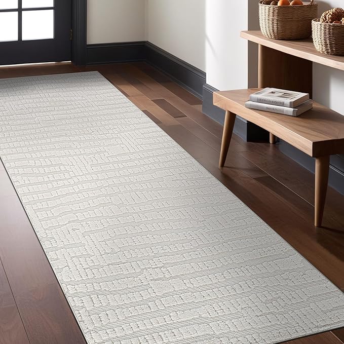 Modern Micro Loop Indoor Runner Rugs for Living Room Bedroom Kitchen Geometric Pebble White 2x7 Luxury Durable Low and High Pile Non-Shedding Stain Resistant Soft Area Carpet 2 x 7