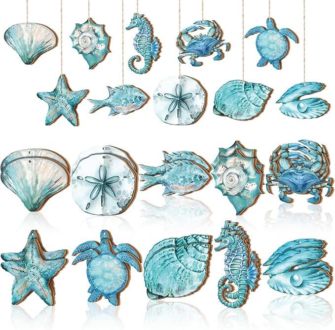 30 Pcs Summer Ocean Animals Ornaments Summer Ornaments for Tree Wooden Beach Hanging Decorations Ocean Themed Decoration with String Wooden Slices for Home Small Tree Party