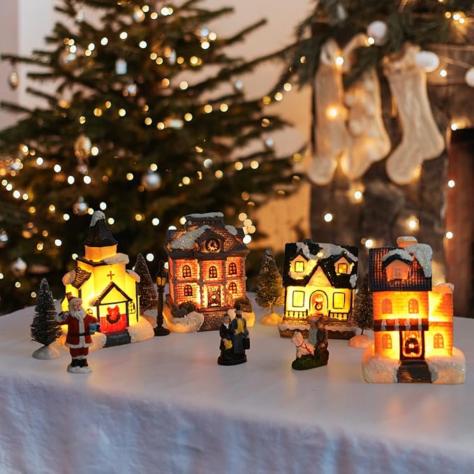 Christmas Village Sets-Christmas Decorations,LED Lighted Christmas Village Houses with Figurines, Christmas Village Collection Indoor Room Decor - Collectible Buildings