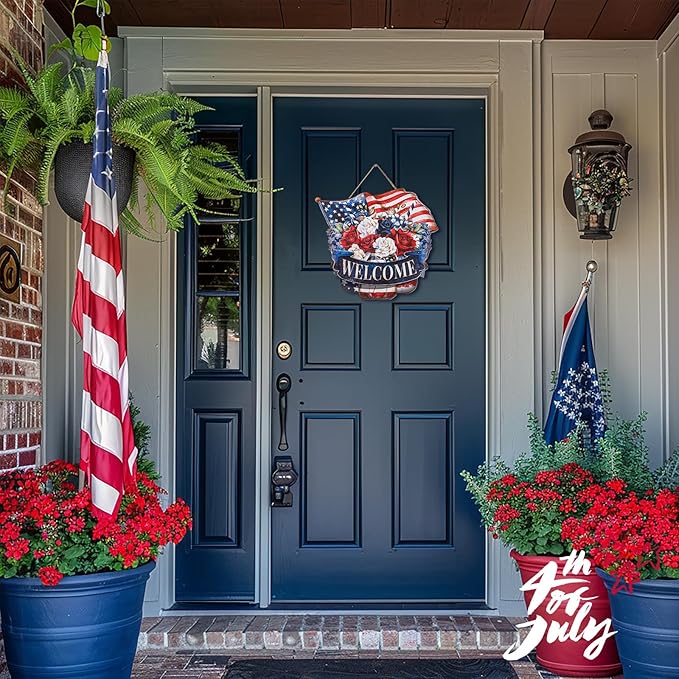 4th of July Decorations for Door: Fourth July Memorial Day Sign Patriotic Wreath Outdoor 12" Red White and Blue Decor Metal 250 Anniversary USA Large Wall Hanging Independence Vintage for Outside Indoor