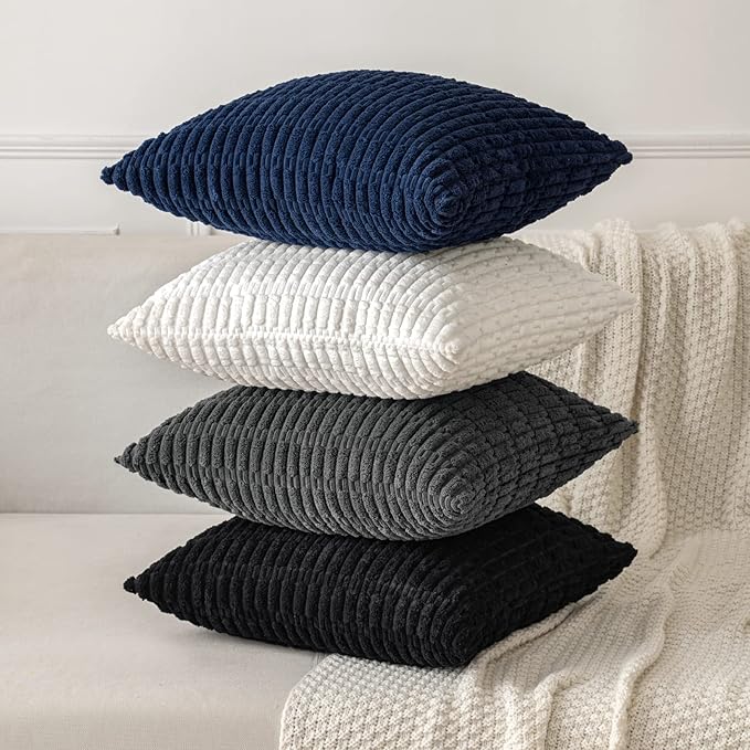 MIULEE Pack of 2 Corduroy Decorative Throw Pillow Covers 16x16 Inch Soft Boho Striped Pillow Covers Modern Farmhouse Home Decor for Halloween Sofa Living Room Couch Bed Black