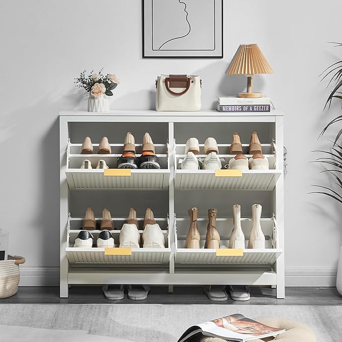 4 Flip Drawers Shoe Cabinet Storage for Entryway, Narrow Hidden Wood Shoes Organizer Cabinet Front Door Entrance Thin Free Standing Front Door Shoe Rack Storage for Entryway(White)