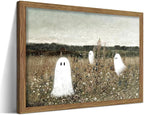Framed Vintage Halloween Wall Art, Cute Ghost Meadow Painting, Rustic Landscape Canvas Halloween Wall Decor, Aesthetic Spooky Ghost Wall Art for Living Room Bedroom Bathroom 12x16 inch