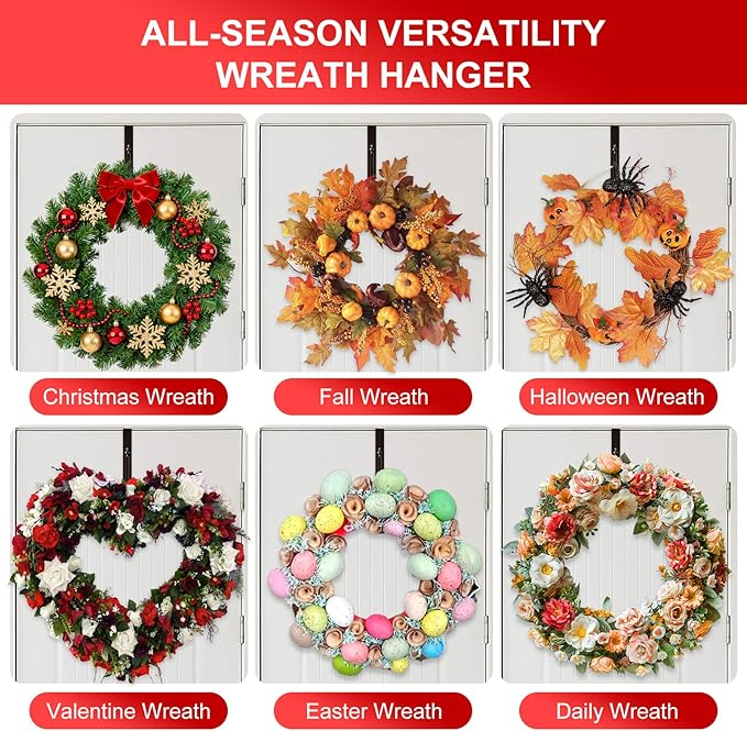 2-Pack Wreath Hooks for Front Door, 12.5-20" Extendable Heavy Duty Metal Over The Door Hooks (22 lbs) for Spring Decor & Coats, Slim Damage-Free Hanger for Tall & Screen Doors, Brushed Nickel