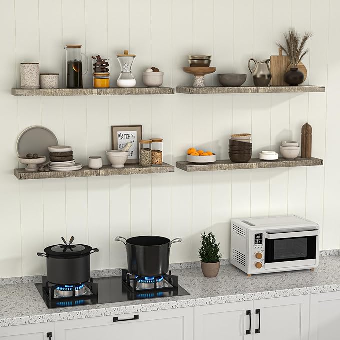 Fun Memories 40 Inch Reclaimed Wood Floating Shelves for Wall, 8 Inch Deep Rustic Farmhouse Floating Shelf with Invisible Bracket for Living Room, Bathroom & Kitchen, Grey