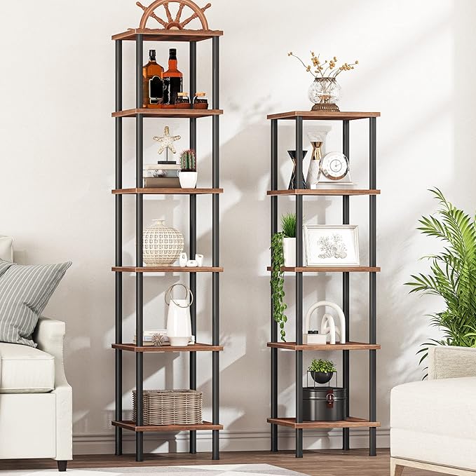 HOOBRO 5-Tier Corner Shelf Stand, Corner Square Rack Display Shelf, Tall Storage Plant Stand, Bookcase for Small Spaces, Living Room, Home Office, Kitchen, Rustic Brown and Black BF50CJ01