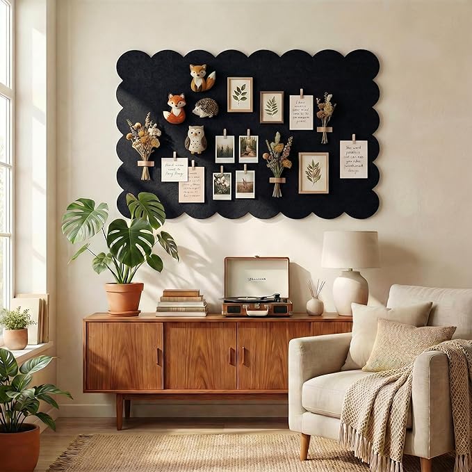 Scalloped Black Felt Bulletin Board 36x24 Inches - Self-Adhesive Foldable, with 30 Pushpins, Cork Board Alternative - Decorative Pin Board for Wall, Home, Office & School (Black, 36"x 24")