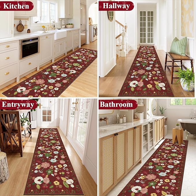 U'Artlines Red Christmas Runner Rug for Hallways,2'6" x 10'Colorful Floral Carpet Soft Non Slip Washable Floor Carpet Runners for Entryway Laundry Room Bathroom