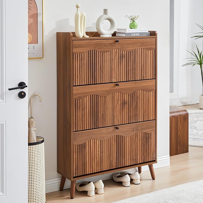 BERRYMERRY Shoe Storage Cabinet for Entryway with 3 Flip Drawers, 51.2” Tall Narrow Shoe Organizer with Wave Panel, Freestanding Wood Hidden Shoe Cabinet for Hallway