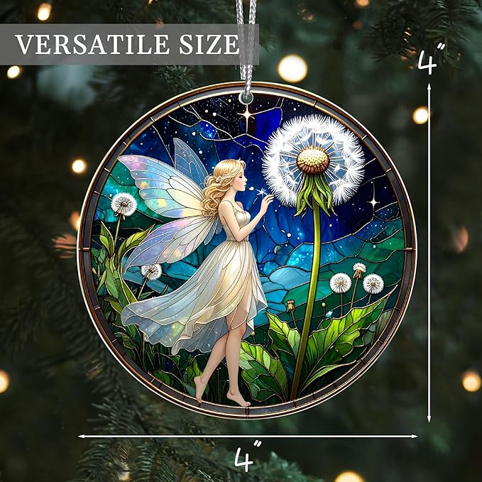 2025 Christmas Ornaments, Christmas Tree Ornaments Acrylic, Faux Stained Glass Effect White Elephant Gifts Exchange, Unique Suncatcher Xmas Stocking Stuffers for Women, Men (Fairy)