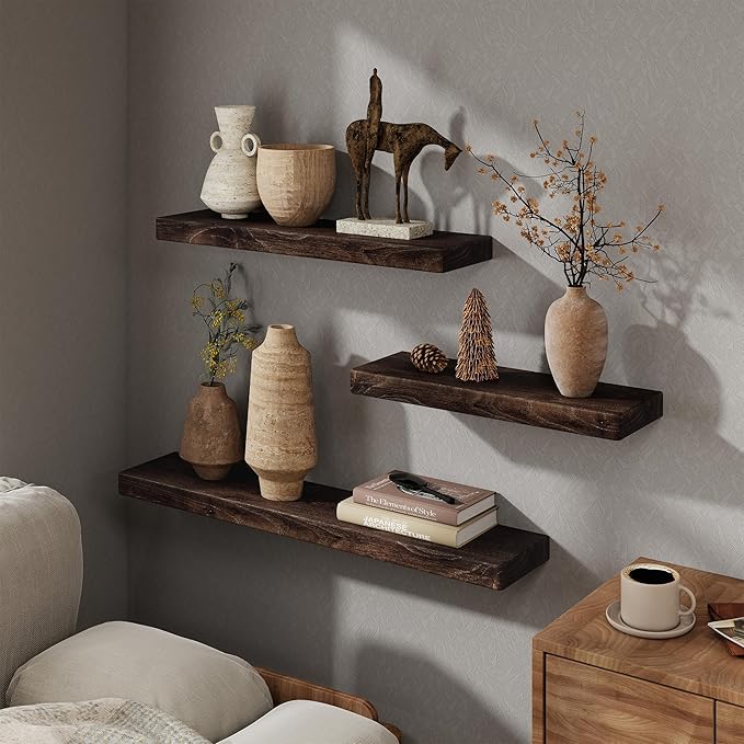 Marsmiles 24 inch Floating Shelves for Wall Solid Elm Wood Shelves|Rustic Wall Mounted Shelves with Heavy-Duty Invisible Bracket for Bathroom Living Room Kitchen|Rounded Edge Design|Walnut, 2 Pack