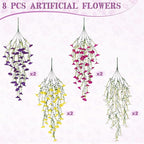 Artificial Hanging Petunias Flowers for Outdoor, 8pcs Fake Plants Long Vine Morning Glory Eucalyptus, UV Resistant Realistic Faux Greenery Outside Patio Porch Garden Spring Summer Decor, Mix Color