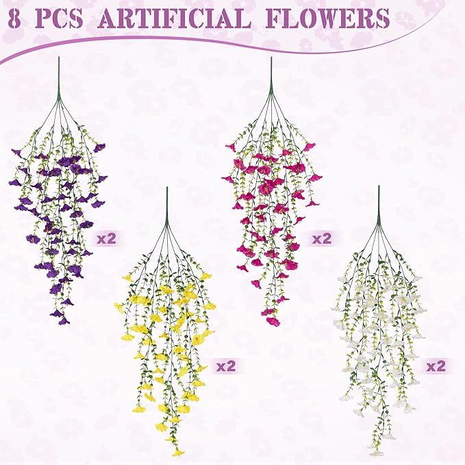Artificial Hanging Petunias Flowers for Outdoor, 8pcs Fake Plants Long Vine Morning Glory Eucalyptus, UV Resistant Realistic Faux Greenery Outside Patio Porch Garden Spring Summer Decor, Mix Color
