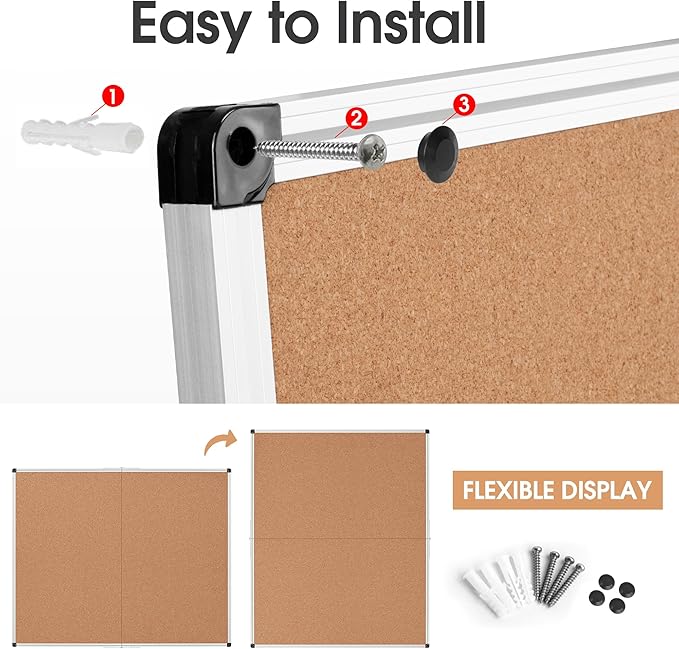 Extra Large Cork Bulletin Board 48" X 48", Foldable Notice Pin Board for Wall, Silver Aluminum Framed 4'x4' Corkboard, Wall Mounted Noticeboard with 36 Push Pins for School, Home & Office