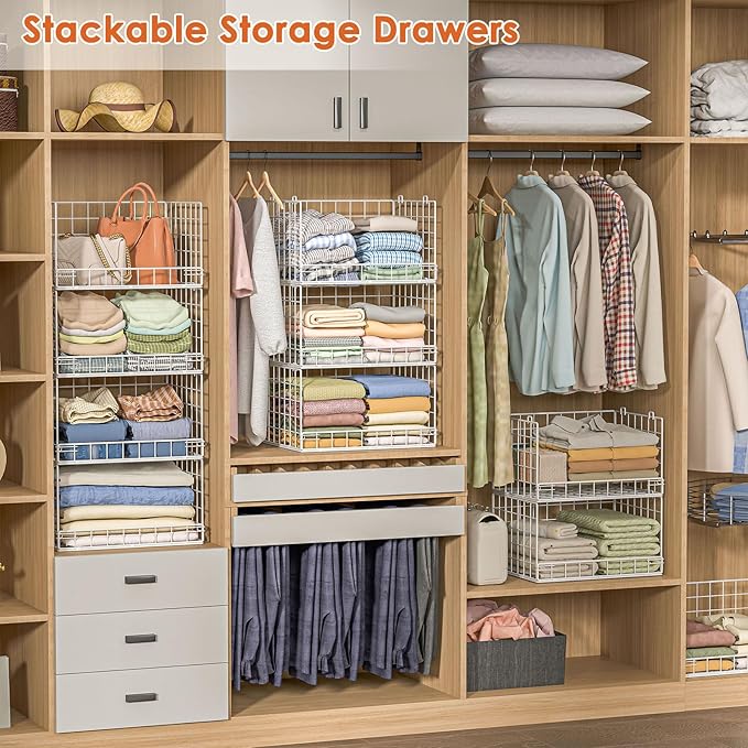 8-Tier Stackable Closet Organizers and Storage Shelves, Foldable Closet Shelf Organizer, Stackable Storage Bins Drawers for Closet Organizer System, White(Patent Pending)