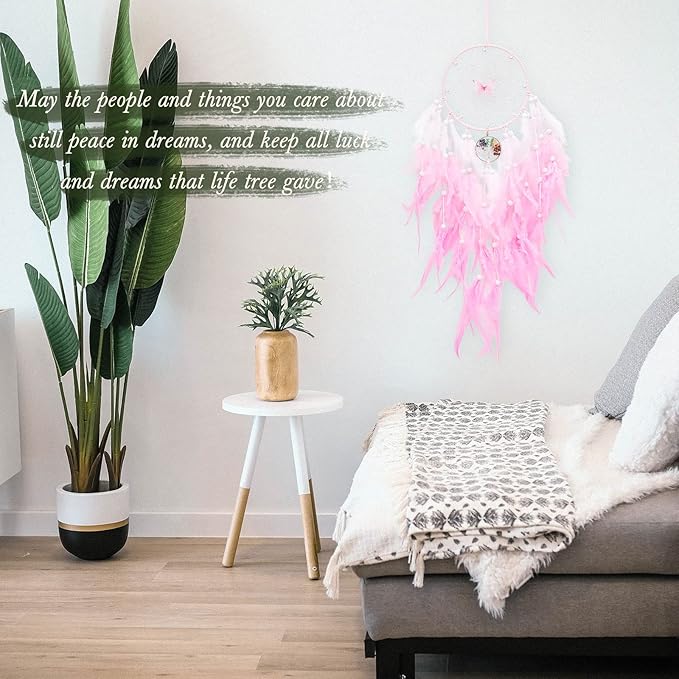 Dreamlike Butterfly Tree of Life Dream Catcher Wall Decor Pink Dream Catcher with Crystal Stone Handmade Feather Dreamcatchers Home Decor Wall Hanging for Girls Bedroom Wedding Craft Gift-29.5"