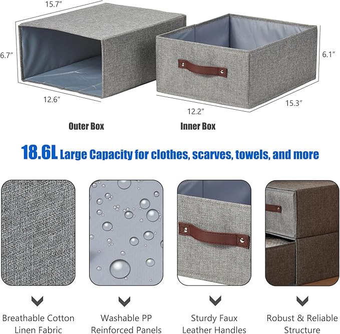 4PCS Closet Drawer Organizer Stackable Fabric Storage Boxes Bins Baskets with Lid PU Leather Handles Foldable Washable Cotton Linen Wardrobe Shelf Cloth Towels Container (Gray, Large)