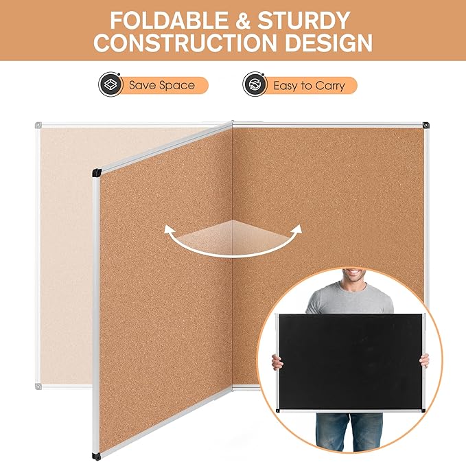 Extra Large Cork Bulletin Board 48" X 48", Foldable Notice Pin Board for Wall, Silver Aluminum Framed 4'x4' Corkboard, Wall Mounted Noticeboard with 36 Push Pins for School, Home & Office