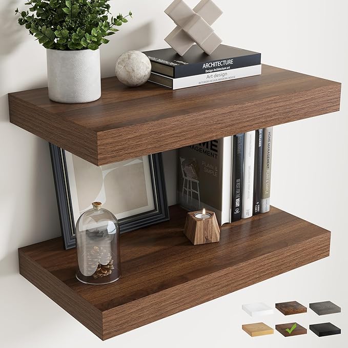 24 Inch Floating Shelves for Wall Set of 2, 12"D Wood Grain Bathroom Shelves with Invisible Brackets, Easy Install Engineered Wood Storage Shelves for Kitchen, Living Room, Bedroom, Walnut Finish