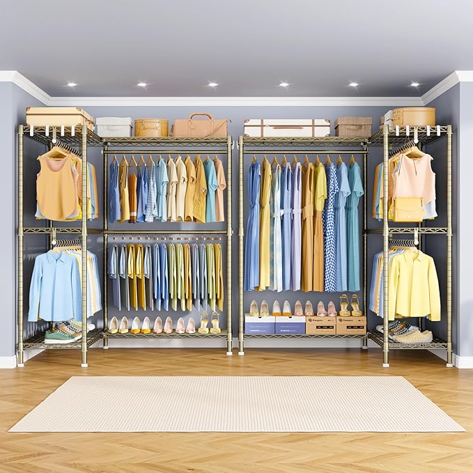 E15 Pro Garment Rack L Shaped Clothes Rack for Corner，Freestanding Clothing Racks for Hanging Clothes，Heavy Duty Closet System with 4 Hanging Rods & 8 S Hooks，48.8"W x 15.8"D x 78.4"H，Gold