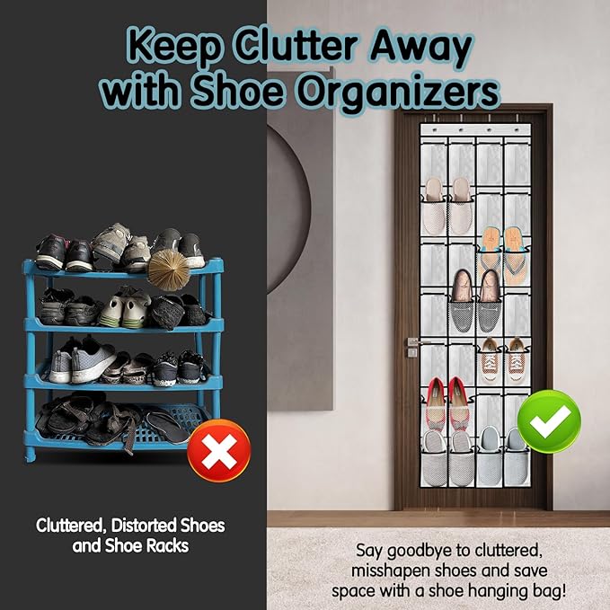 28 Compartment Over the Door Shoe Organizer, Breathable Mesh Large Shoe Rack for Closet Storage, Space Saving Hanging Shoe Holder with Reinforced Hooks (Fits Men & Women,White-01)
