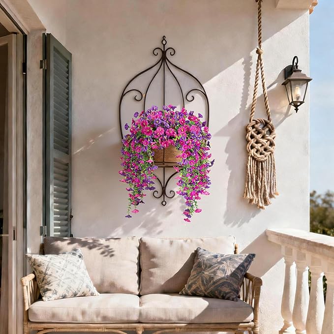 Artificial Hanging Flowers for Outdoors, 2 PCS UV Resistant Faux Silk 150 Morning Glory Each Trailing Vines, Fake Plants for Spring Outdoor Garden Planter Porch Patio Decoration, Fuchsia & LightPurple