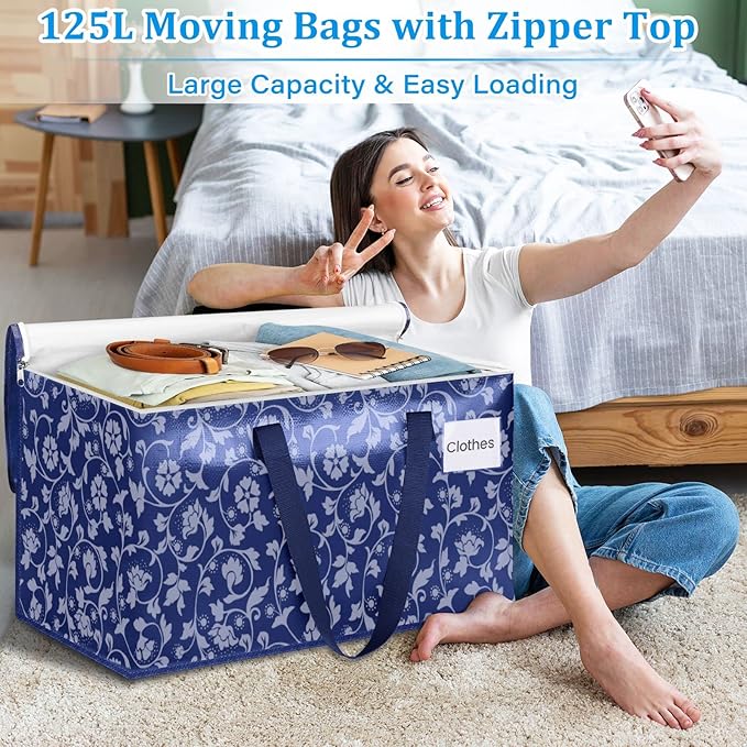 HomeHacks Moving Bags, Extra Large Size Moving Boxes, Heavy Duty Luggage Bags with Smooth Zipper and Sturdy Handles, Large Capacity & Easy Loading Storage Totes for Space Saver 125L, 6-Pack, Blue