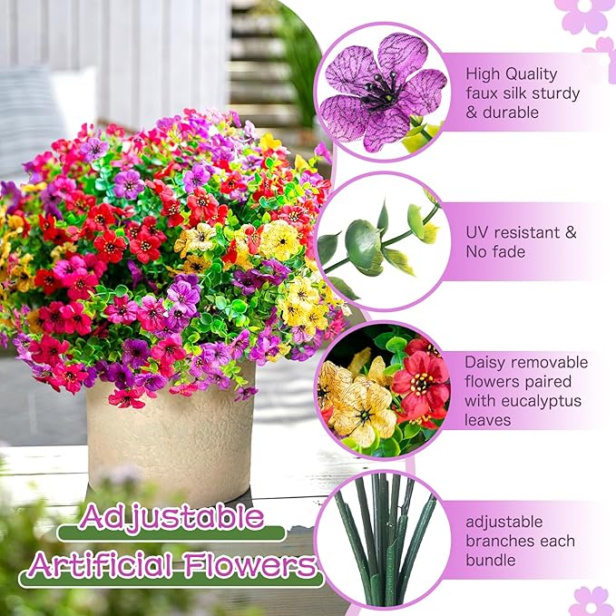 Artificial Flowers for Outdoors,Faux Flowers Daisy with Eucalyptus Leaves for Indoor Garden Home Decor,UV Resistant Artificial Flower Fake Plants for Porch, 12 Bundles (Mix Pink Red Purple Yellow)