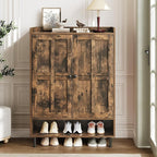 Brown 7+1 Tier Farmhouse Shoe Storage Cabinet - 45" Tall Entryway Organizer with Cross Molding Doors, 3 Adjustable Shelves & Metal Legs, Shoe Rack for Front Door Entrance