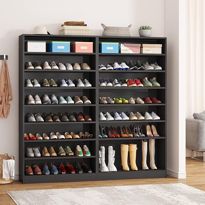 Tribesigns Tall Shoe Cabinet, 9 Tiers 40-45 Pairs Heavy Duty Wood Freestanding Shoe Storage Cabinet, 70.8'' Tall Shoe Cabinet with Open Storage for Entryway (1, Black)