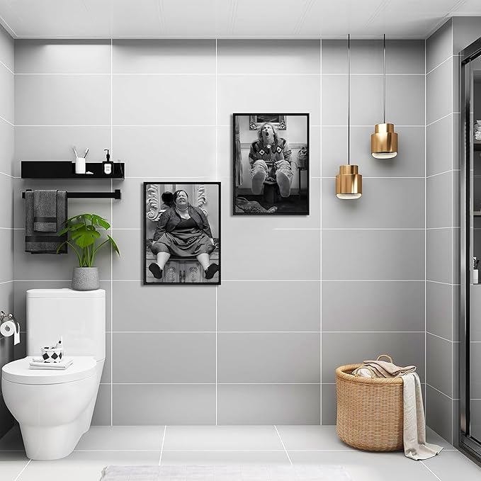 Funny Wall Art Set of 2 - Black Floating Frame Black and White Vintage Humor Bathroom Wall Decor, Dumb And Dumber Movie Posters Art, Bathroom Decor Canvas Wall Art 12x16 in