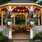2 Pack 21'' Patriotic 4th of July Teardrop Swag Wreaths Independence Day Patriotic Floral Swag with Artificial Flowers and Fern Leaves Hanging Wreath for Double Front Doors Porch Window Wall Farmhouse