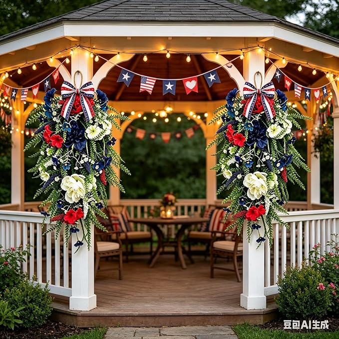 2 Pack 21'' Patriotic 4th of July Teardrop Swag Wreaths Independence Day Patriotic Floral Swag with Artificial Flowers and Fern Leaves Hanging Wreath for Double Front Doors Porch Window Wall Farmhouse